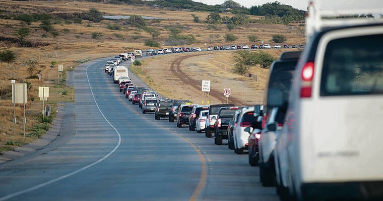 Traffic backed up on the Lahaina Bypass in West Maui
